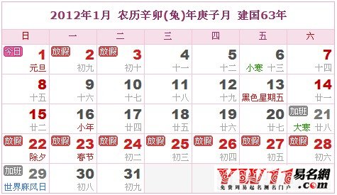 2012年1月农历表,2012年1月日历表